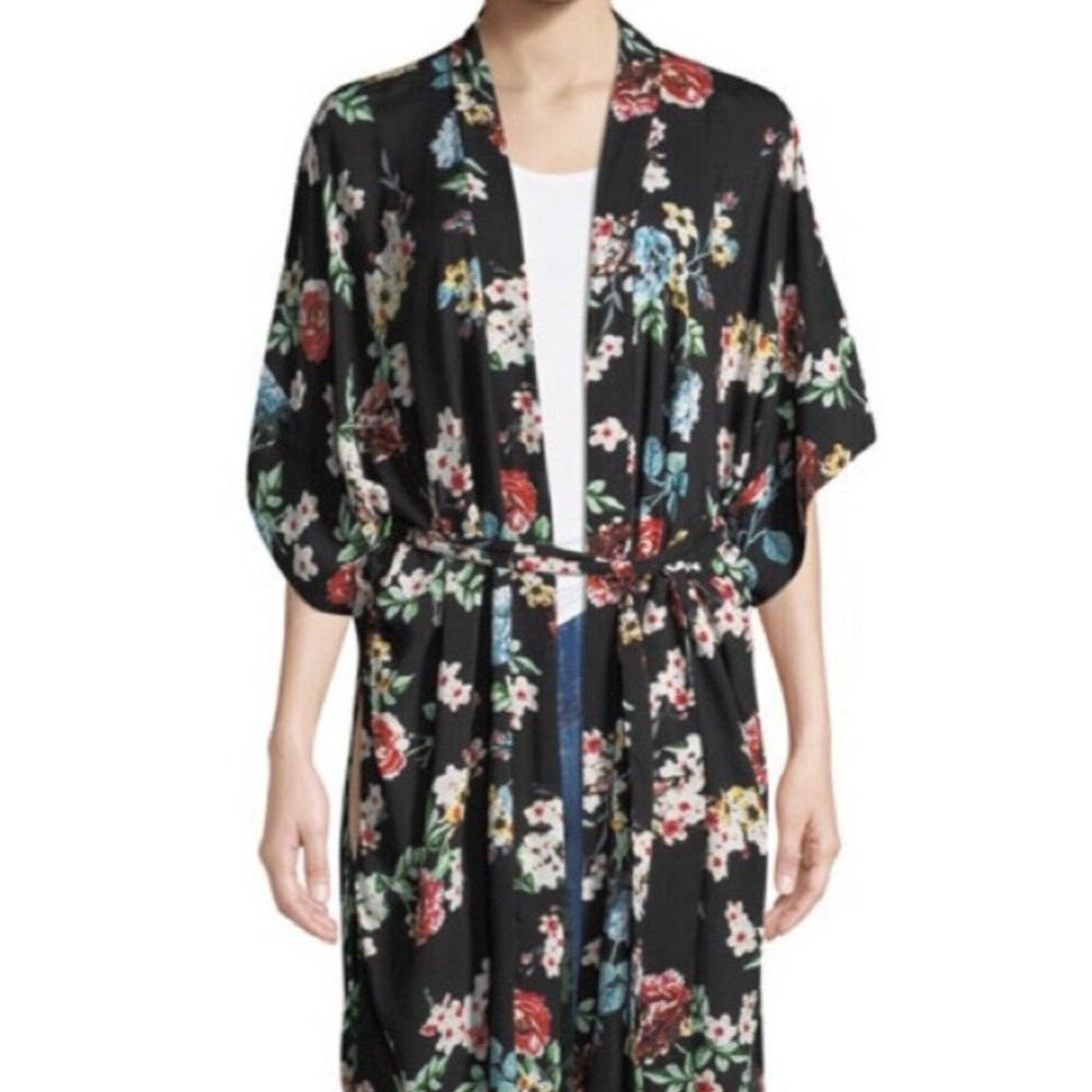 NWT Free Generation Los Angeles Black Floral Tie-Front Kimono Caftan Sz Medium